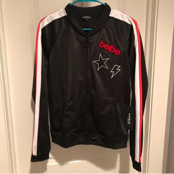 bebe Jackets & Blazers - NWT Bebe Embroidered Satin Track/ Bomber Jacket